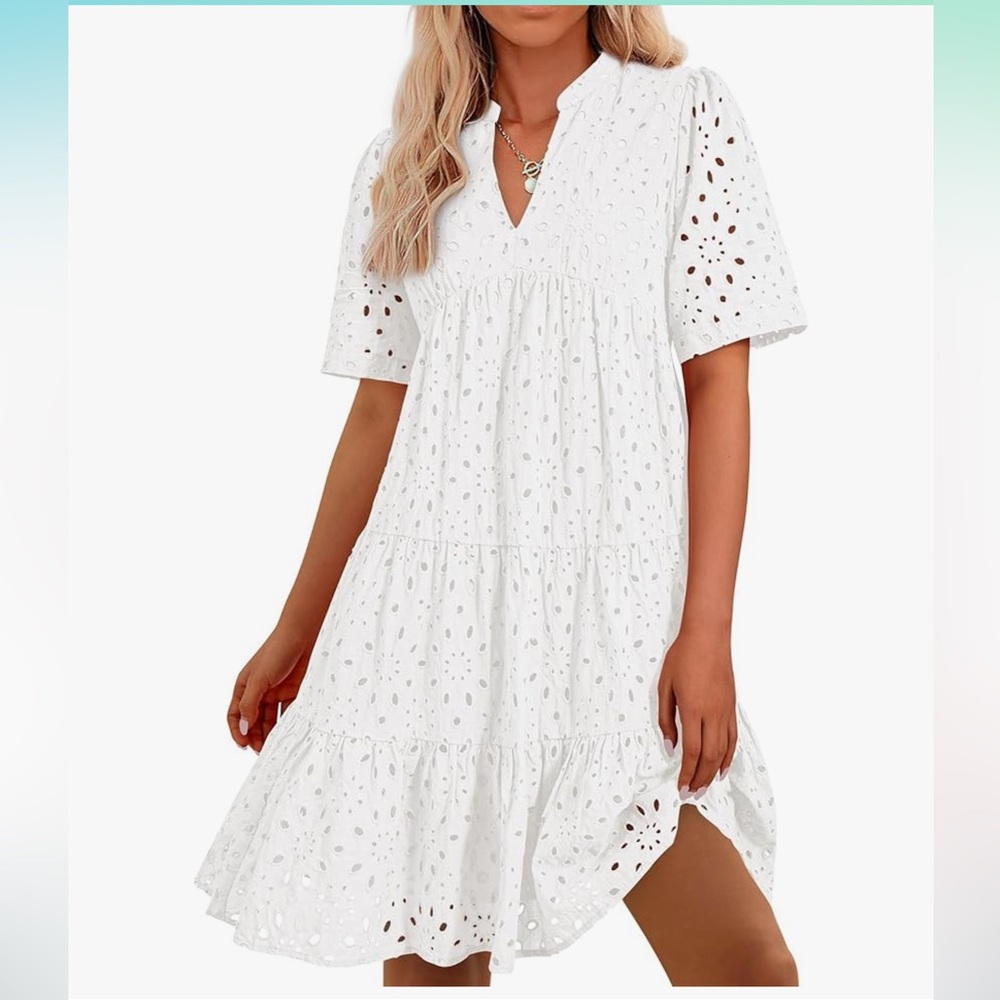 BTFBM size XLarge Boho Dress Resort V Neck Short Sleeve White Cut Out Lace $58